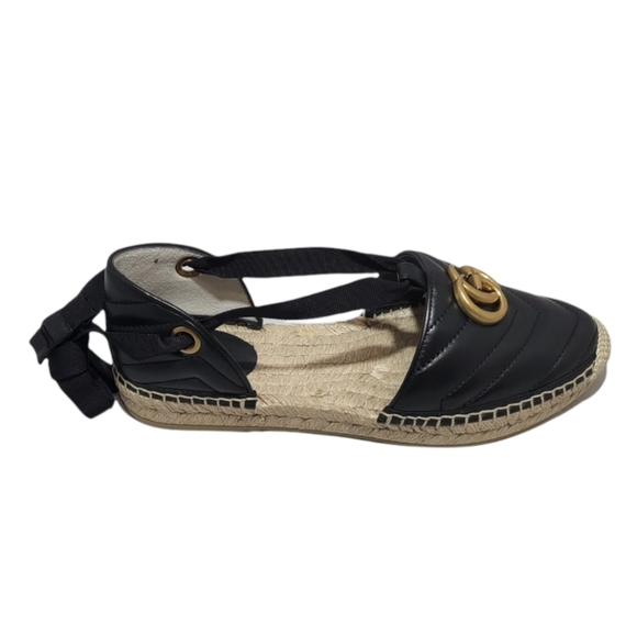 Gucci Espadrilles Flat Marmont Tie Up Ribbon Black Leather Authentic - Picture 3 of 16